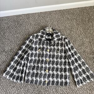 J.Crew Lady Jacket Blazer Size 0 Black White Houndstooth Tweed Gold Buttons